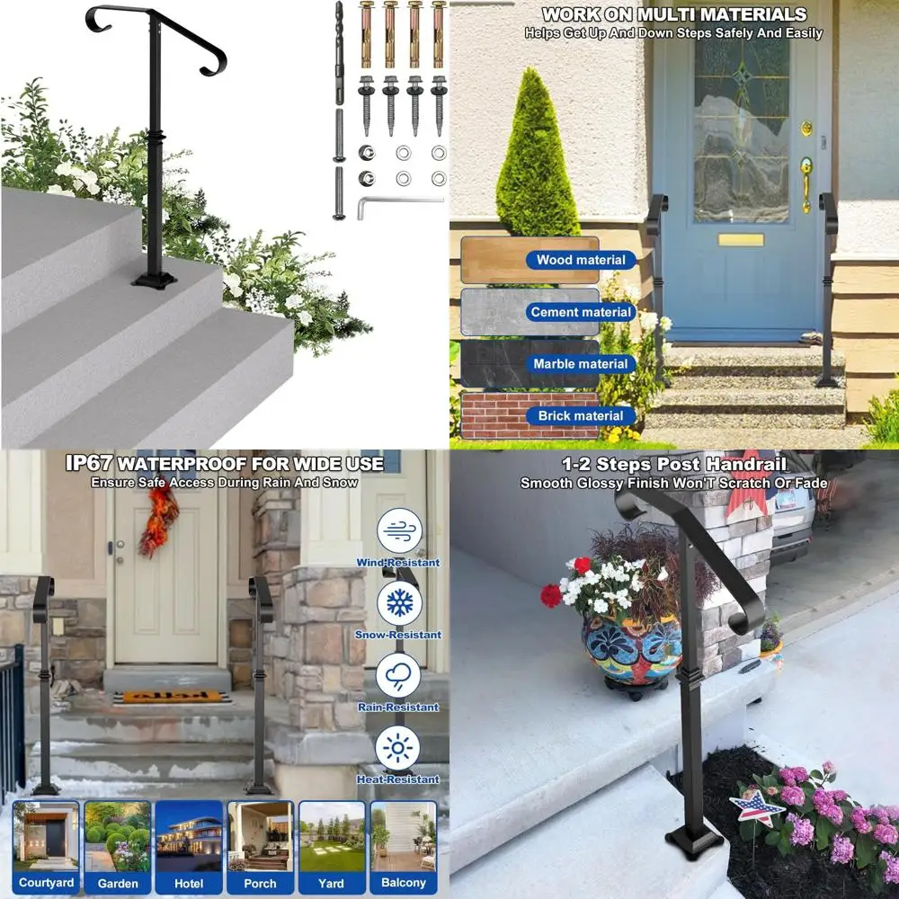 درابزين الدرج الخارجي: 40 درابزين من الحديد المطاوع باللون الأسود العالي لخطوات عمود واحد 1-2 #1