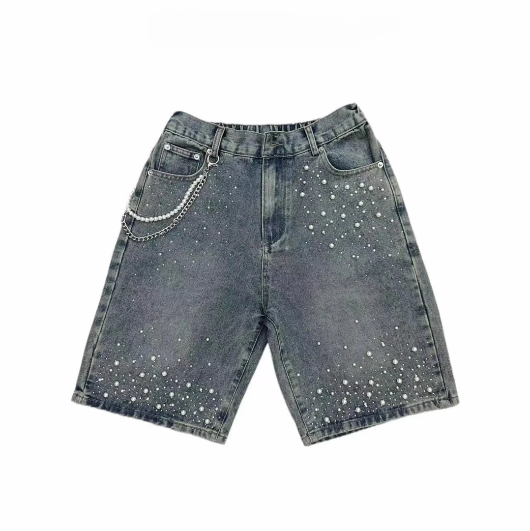 Korean Fashion Heavy Industry Hot Drilled Pearl Denim Shorts Vintage Washed Distressed Unisex Trendy Slim Fit Five-Point Shorts