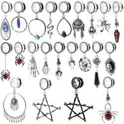 Alisouy 2pcs Stainless Steel Star Water Drop Cross Flower Skull Dangle CZ Earring Flesh Ear Gauge Plug Tunnel Expander Stretcher