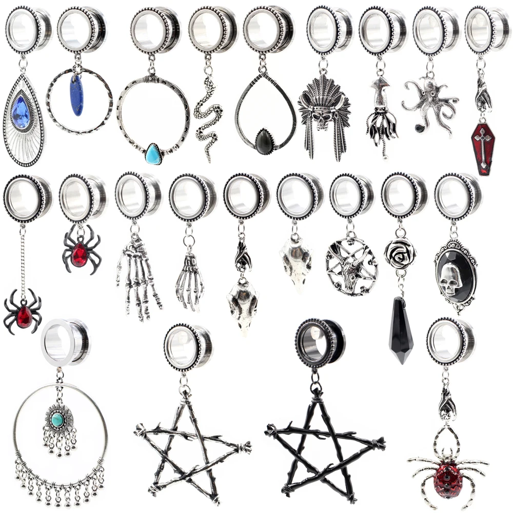 Alisouy 2szt Stal nierdzewna Gwiazda Kropla wody Krzyż Kwiat Czaszka Dangle CZ Kolczyk Flesh Ear Gauge Plug Tunnel Expander Stretcher