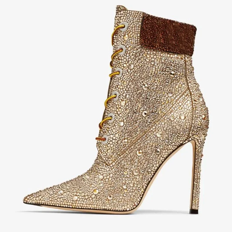 

Handmade Crystal Pointed Toe Ankle Boots Mixed Colors Rhinestone Lace Up Lady Banquet Evening Dress Shoes