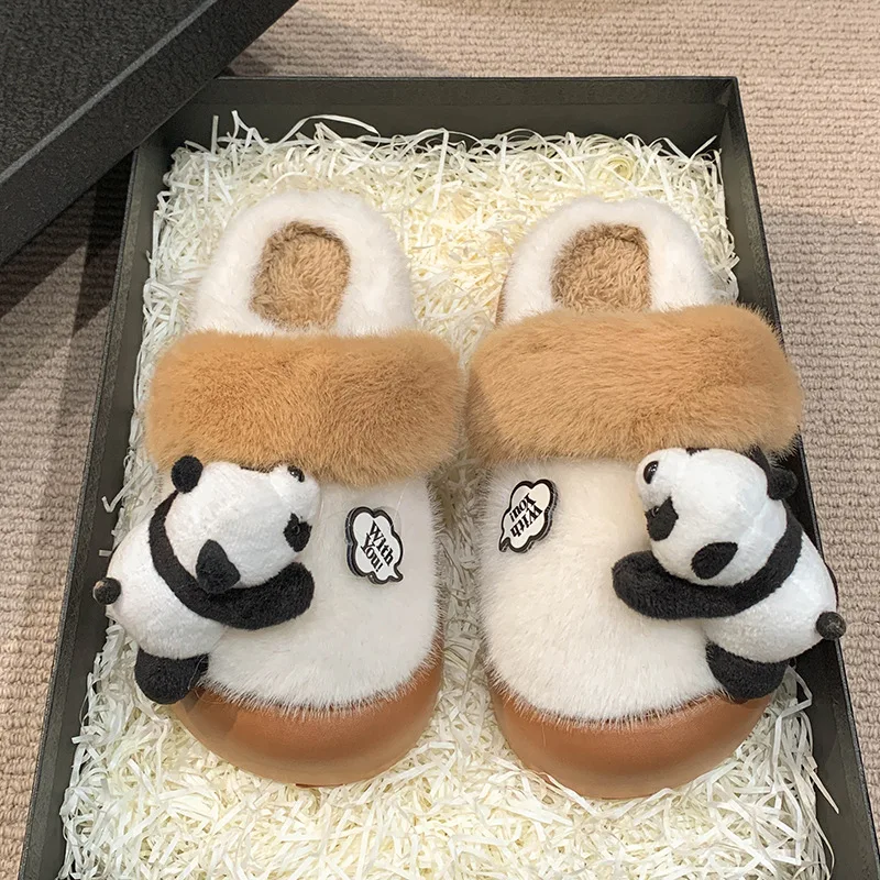 

Newest crawl panda slippers women's winter versatile home shoes fluffy sandal woman convertible furry slides slipper indoor shoe