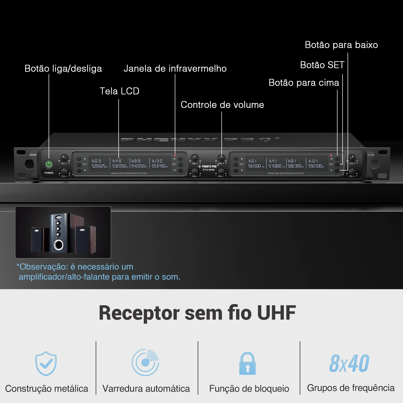 SISTEMA DE MICRÓFONO INALÁMBRICO Phenyx Pro, conjunto de ocho canales con micrófonos de mano de Metal, 8x40 canales, escaneo automático para DJ