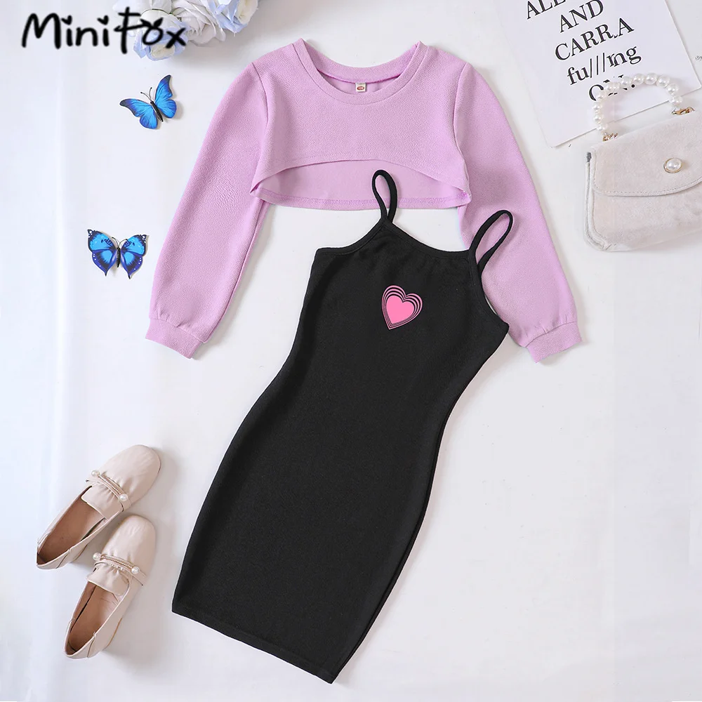 MiniFox Teenagers Dresses For Girls Long Sleeve Short Top and Heart Hip Dress Children's Clothing Girls School Costume