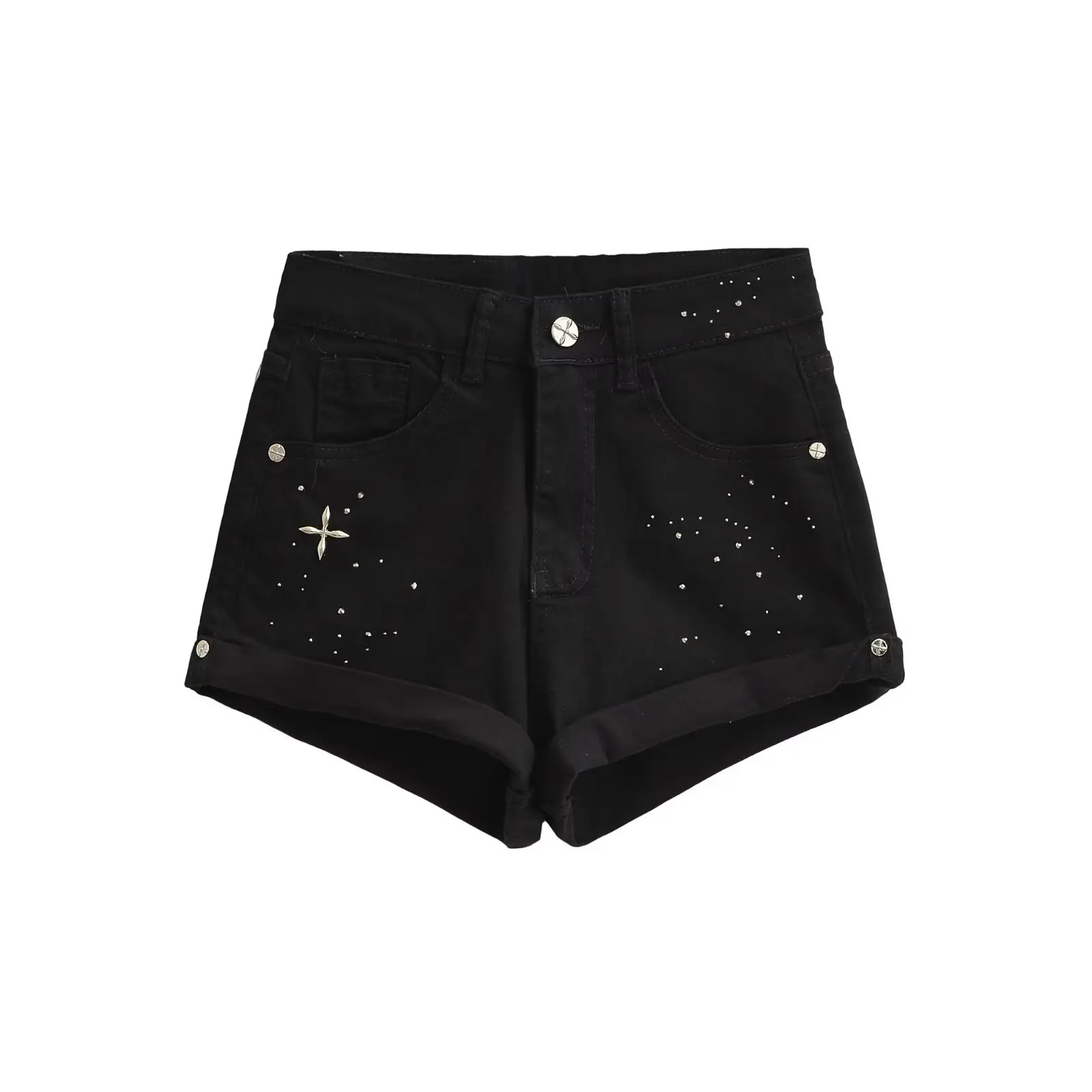 American Sle Spicy Girl Heavy Embellied Rhinestone Cuffed Denim Orts Dames Zomer Koreaanse Faion Veelzijdige wijde pijpen A-L...