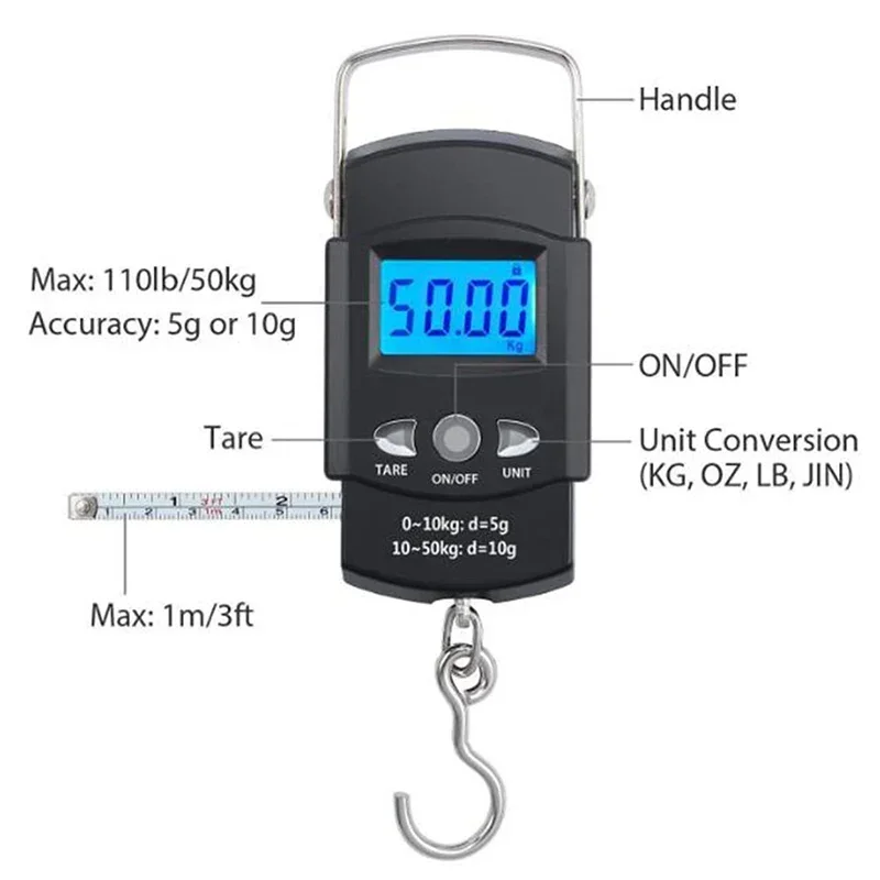 Fishing Scale 50kg Backlit LCD Screen Portable Electronic Balance Digital Fish Hook Hanging Scale with Measuring Tape Ruler