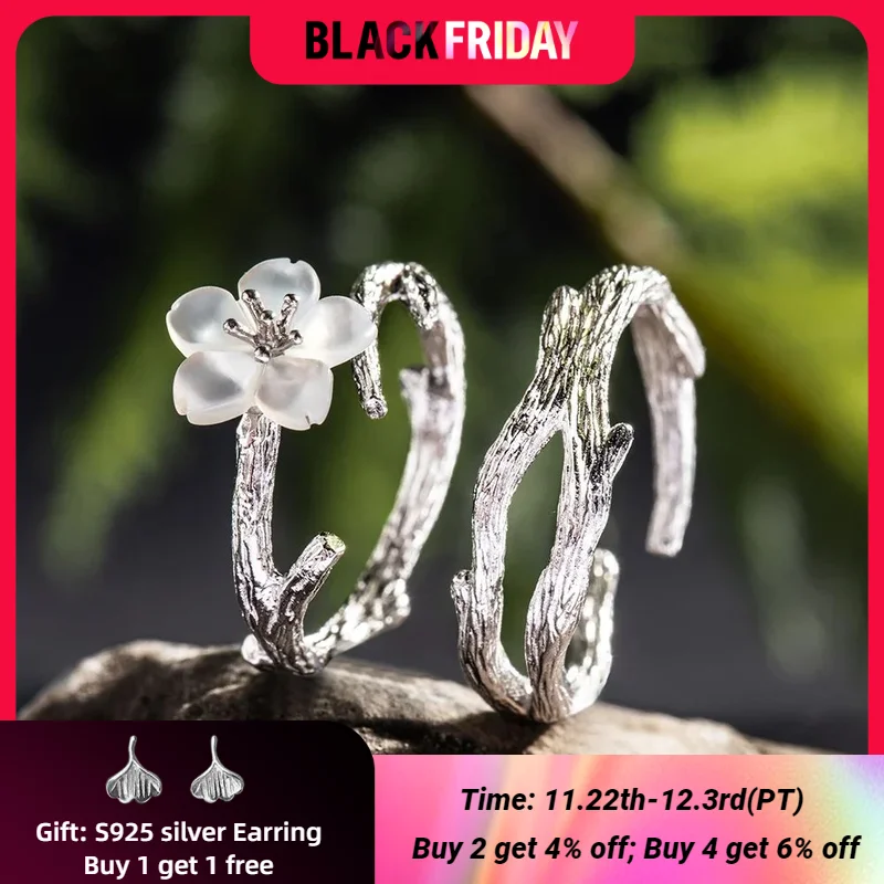 Thaya White Cherry Blossom Silver Rings s925 Silver Natural Pearl Shell Flower Rings for Women Elegant Ladies Jewelry For Couple