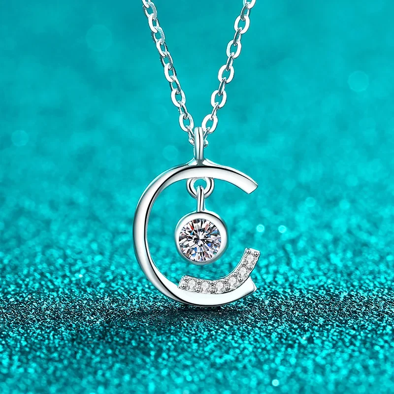 

S925 Silver Necklace 0.2ct Moissanite Dainty C-shaped Pendant Sparkling Jewelry for Women Trendy Bridal/Everyday Wear