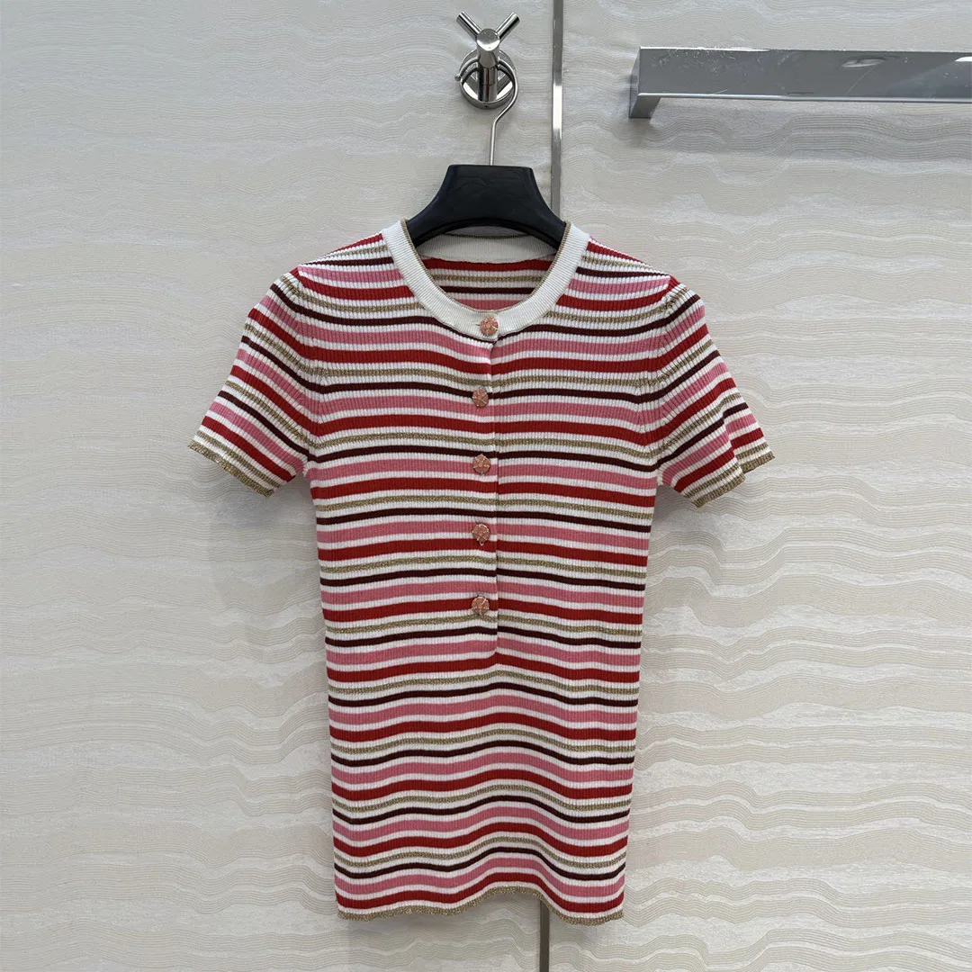 

2026 New Spring Summer Fashion Slim Tops Women O-neck Short Sleeve Button Pink Gold Threads Stripe Pattern Vintage Sweet T-shirt