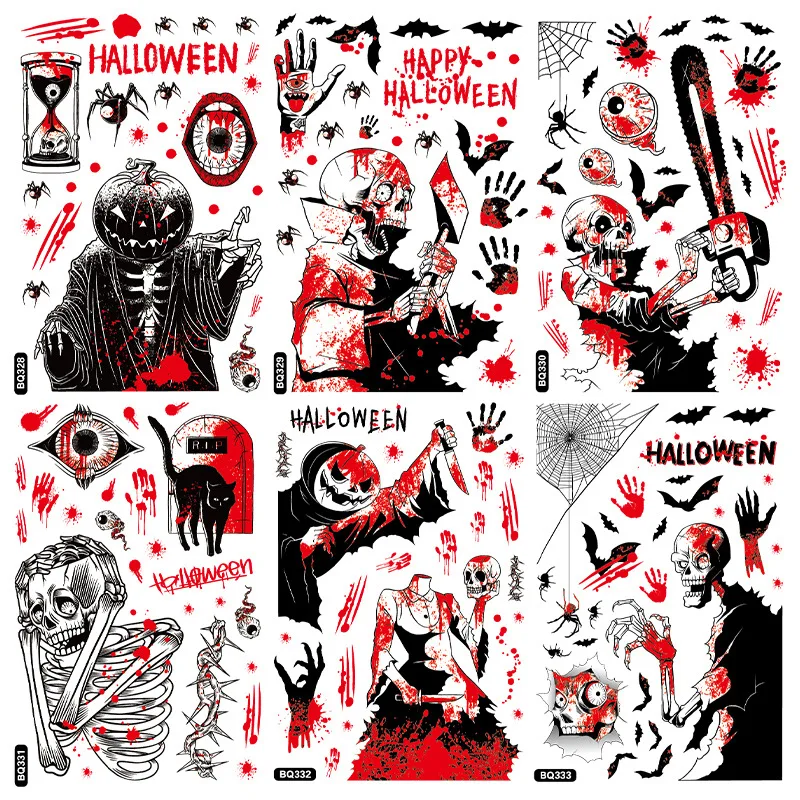 1/2 Sheets Halloween Bloody Window Stickers Pumpkin Head Demon Horrible Joker Skeleton Death Sticker Halloween Party Glass Decor