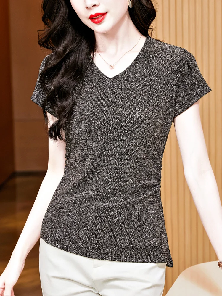 M-3XL الصيف قصيرة الأكمام الخامس الرقبة المرأة تي شيرت موضة عادية الساخن الماس بلون شبكة القمم الملابس السوداء #3