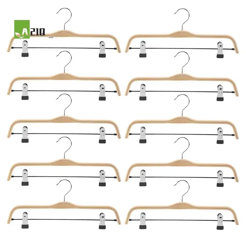 

A21Q -10 Pack Solid Finish Wooden Trousers/Skirt Hangers With Anti-Rust Clips Coat Clothes Hangers