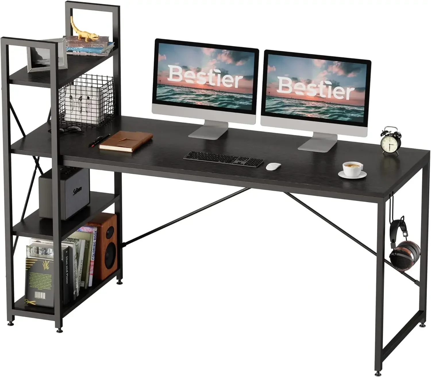 63 Inch Computer Desk with Adjustable Shelves, Simple Writing Desk with Reversible Bookshelf