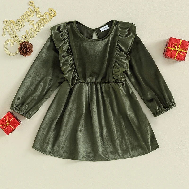 Baby Girl Christmas Dress Fashion Infant Ruffle Long Sleeve Round Neck A-Line Dress Toddler Velvet Dress Princess Party Clothes