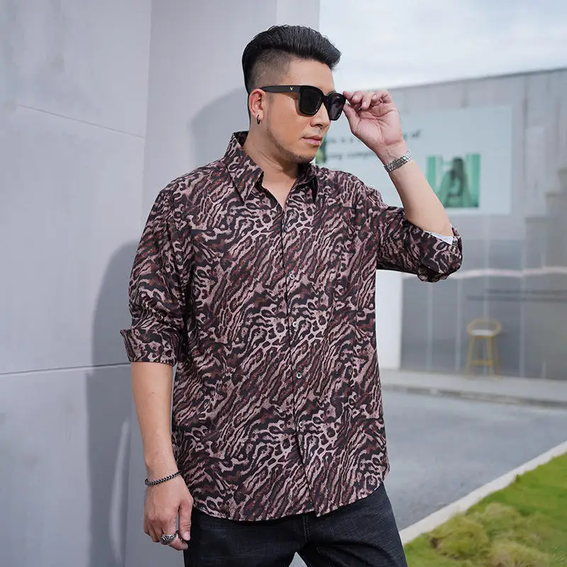 

New Spring Autumn plus Size Men's Long Sleeve Shirt Leopard Print Oversized Clothing Straight Supply across the Border
