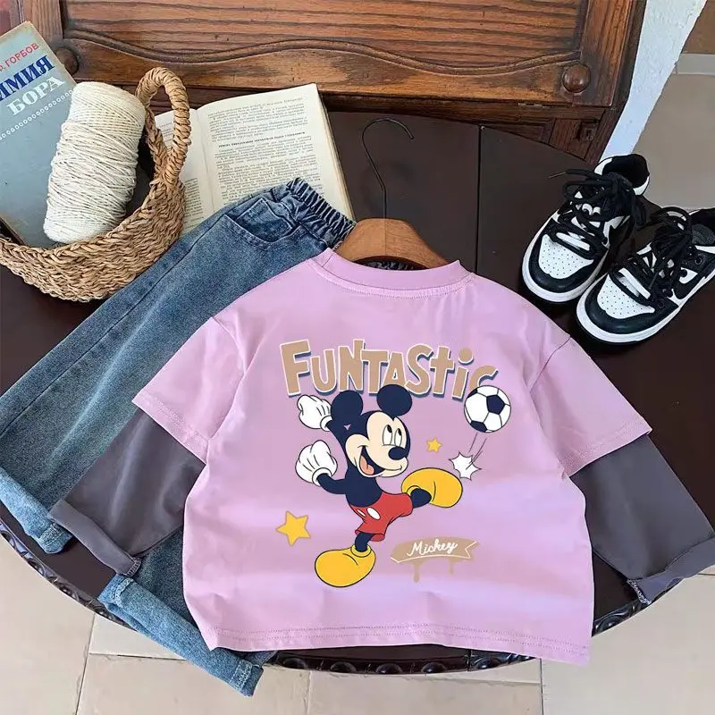 Disney Series Mickey เด็กฤดูใบไม้ผลิและฤดูใบไม้ร่วงนุ่มสบายแฟชั่นการ์ตูนสบายๆน่ารักผ้าฝ้ายปลอมชุดสองชิ้น