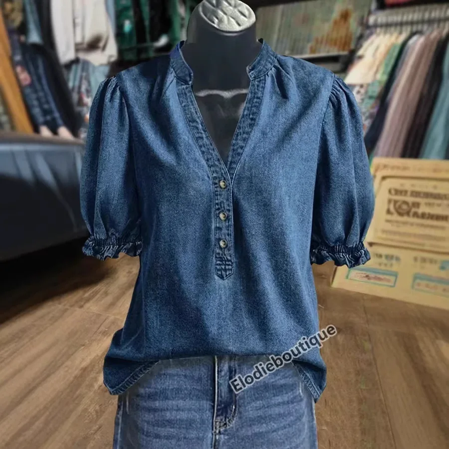 

Винтажная джинсовая блузка с пышными рукавами для женщин, с V-образным вырезом и оборками, повседневный летний топ с коротким рукавом, ретро-модная джинсовая блузка