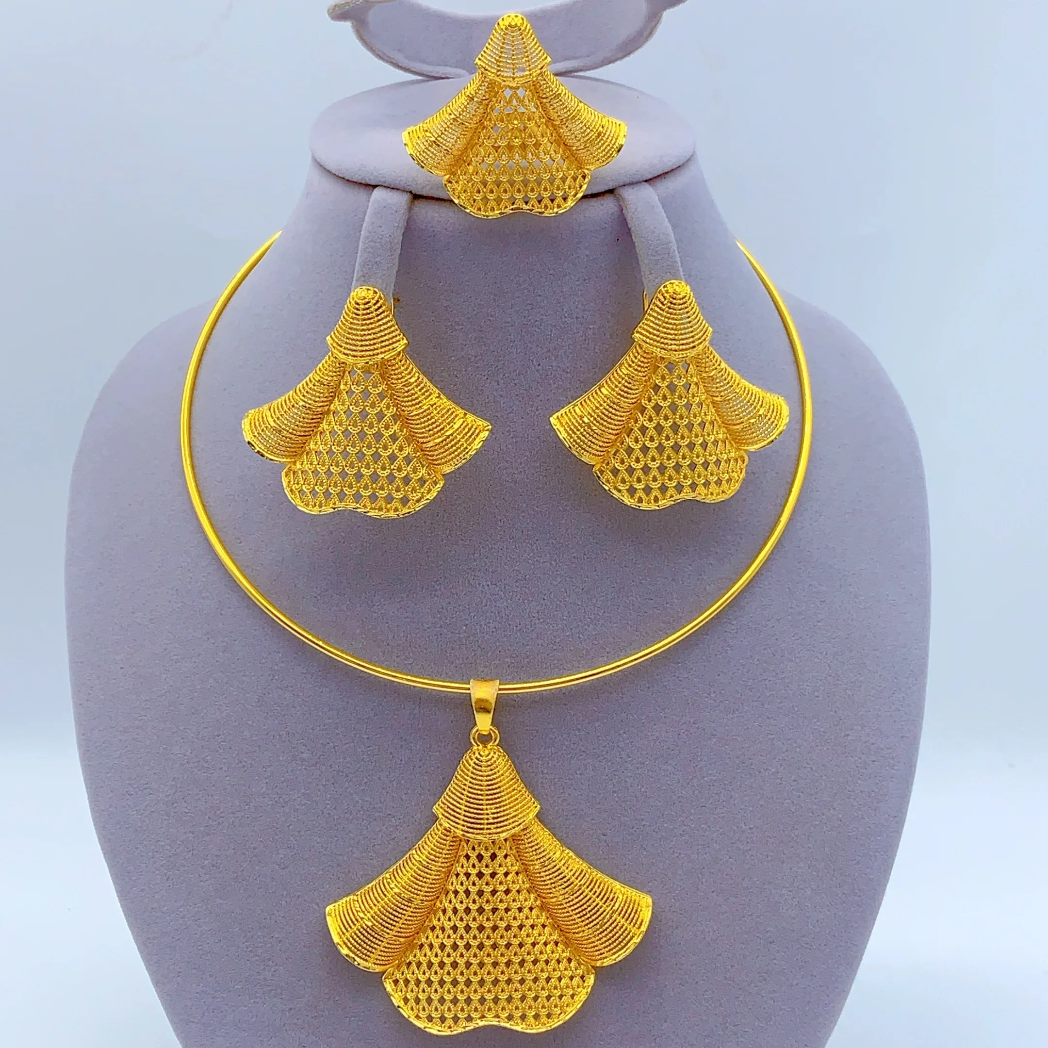 Luxury Indian 24k Gold Color Jewelry Sets For Women Ethiopian Dubai Bridal Necklace And Earrings Set Wedding Party Gifts