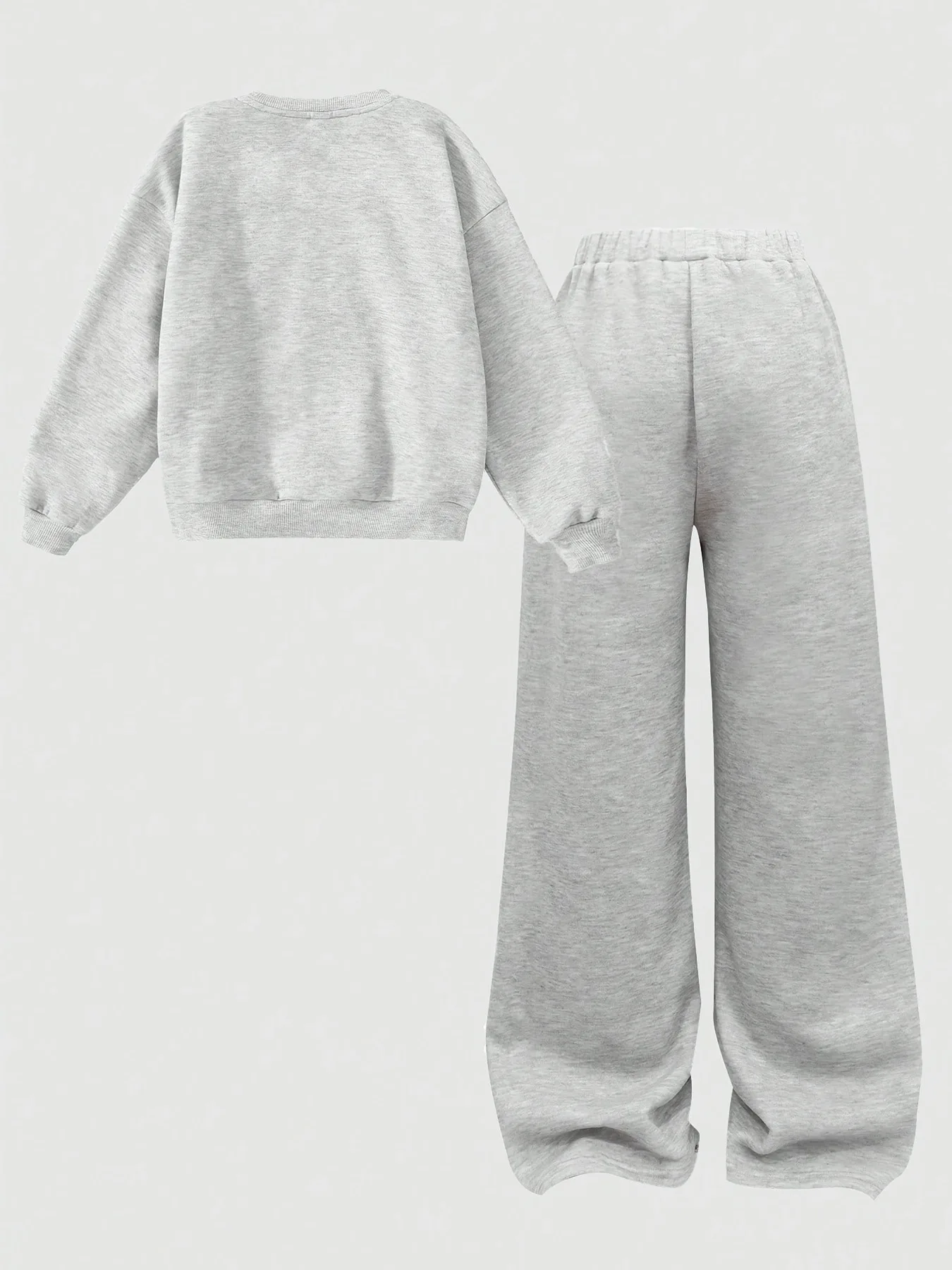 Girls 2Pcs Nyc Print Crew Neck Sweatshirt Wide Leg Pants Set, Heather Grey Preppy Casual School Tracksuit