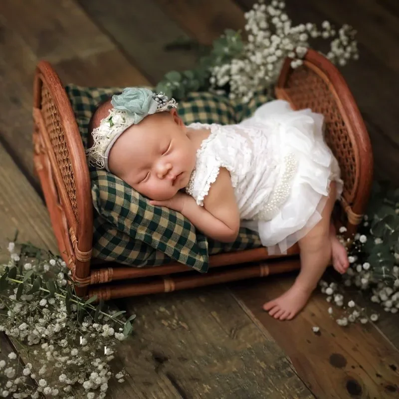 Newborn Photography Props Baby Photo Baby Bed Vintage Woven Rattan Basket Posing Bed Chair Sofa Photo Shoot Studio Accessori