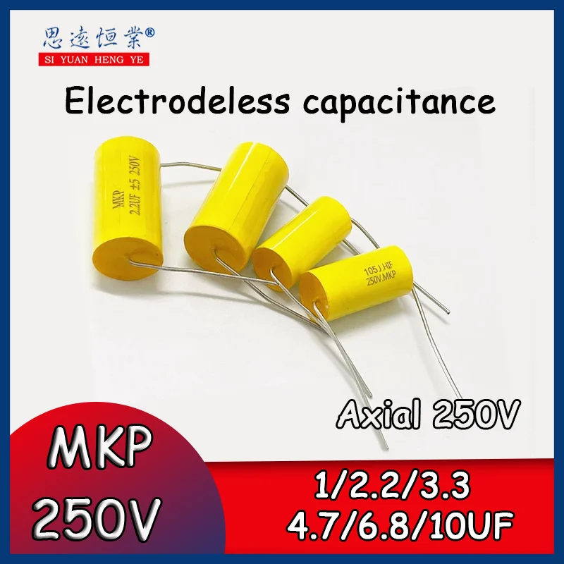 Condensador de núcleo pasante de tweeter no polar, 5 piezas, MKP, amarillo, círculo axial, 250V, 1/2, 2/3, 3/4, 7/6, 8/10UF