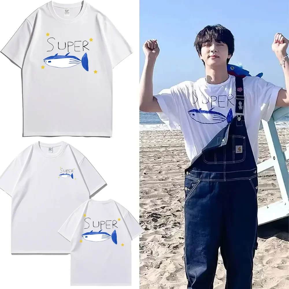 

Hot Sale in Korea Jin Super Tuna Fish Printed Top Summer Cotton Short Sleeve T-shirts Men Women O-Neck Design Double-sided Tee