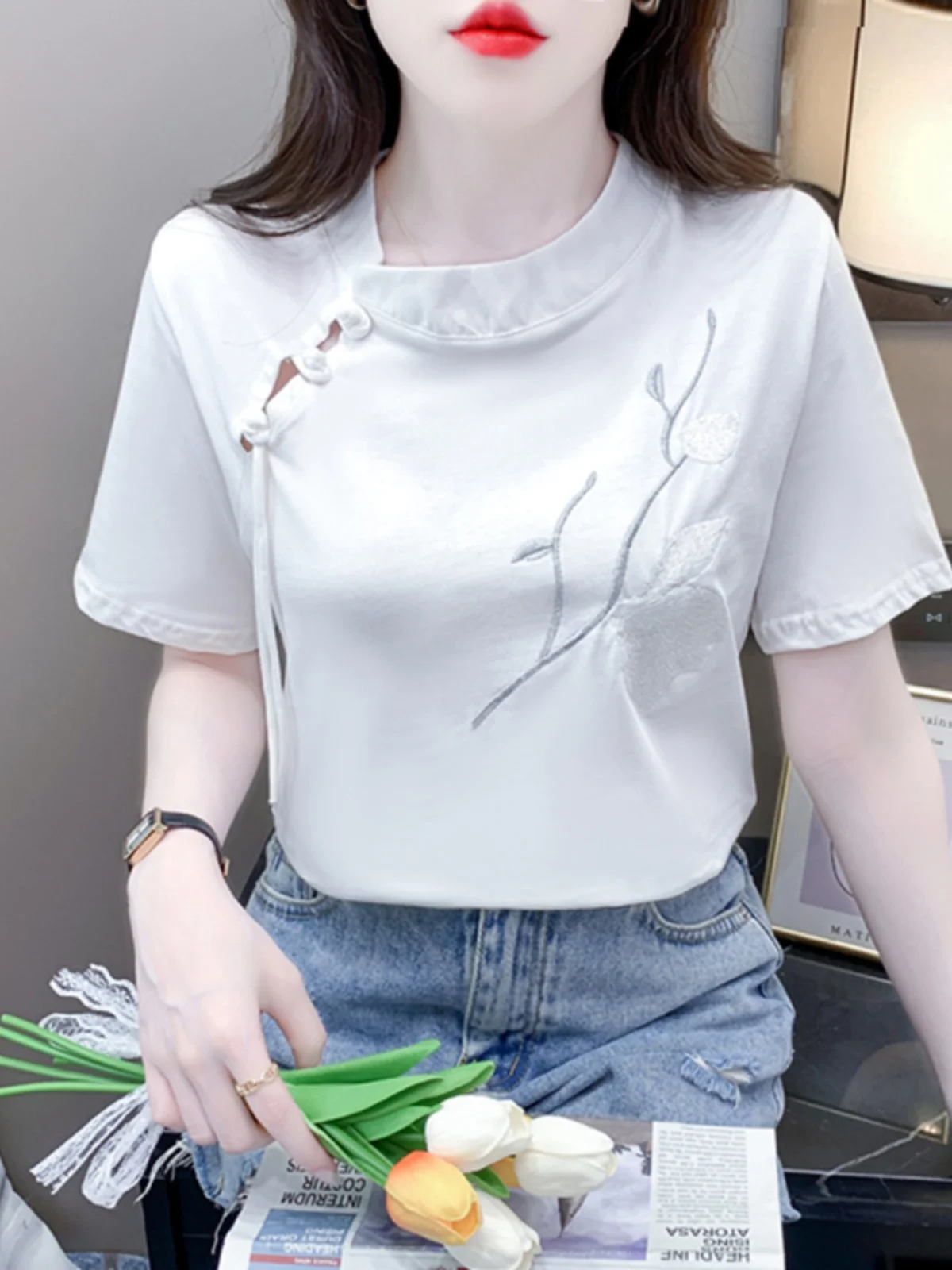 

Свободная футболка из чистого хлопка с коротким рукавом, женская летняя модная повседневная универсальная футболка-топ в корейском стиле, визуально стройнящая фигуру