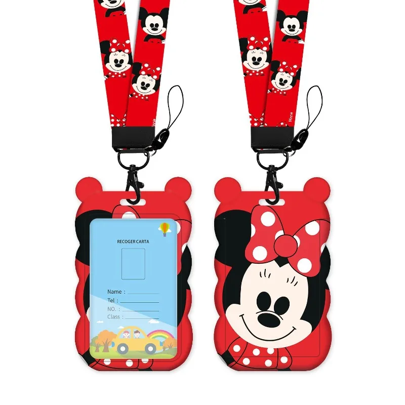 Porta carte Disney Minnie Series per bambini Design a onde di cartone animato con cordino a collo lungo per il controllo degli accessi della metropolitana dell'autobus scolastico