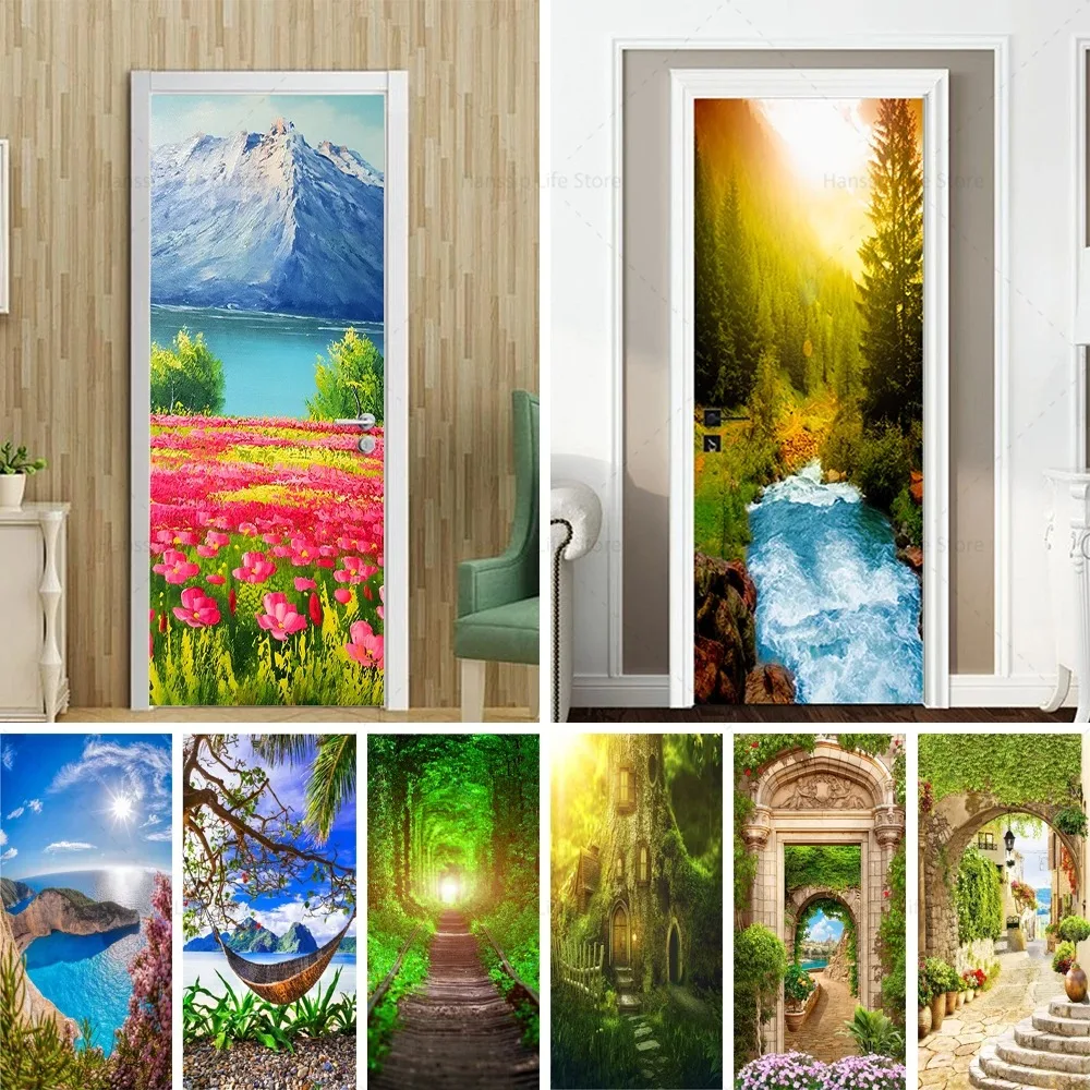 

3D Nature Landscape Door Sticker Mountain Flower Forest Stream Vintage Arch Scenery Removable Self Adhesive Wallpaper Home Decor