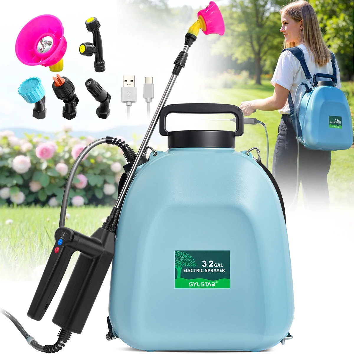 3.2 Gallon Battery Backpack Powered Sprayer,USB Rechargeable  Garden Sprayer with 3 Adjustable Forces, Battery Indicator, 5 Mist Nozzles, 41