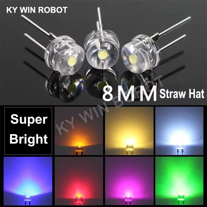 50szt 8mm Dioda LED w słomkowym kapeluszu Ultra jasna biel 0.25W 0.5W 0.75W F8 Moc 0.5W Dioda elektroluminescencyjna Czerwony Żółty Zielony Niebieski Różowy
