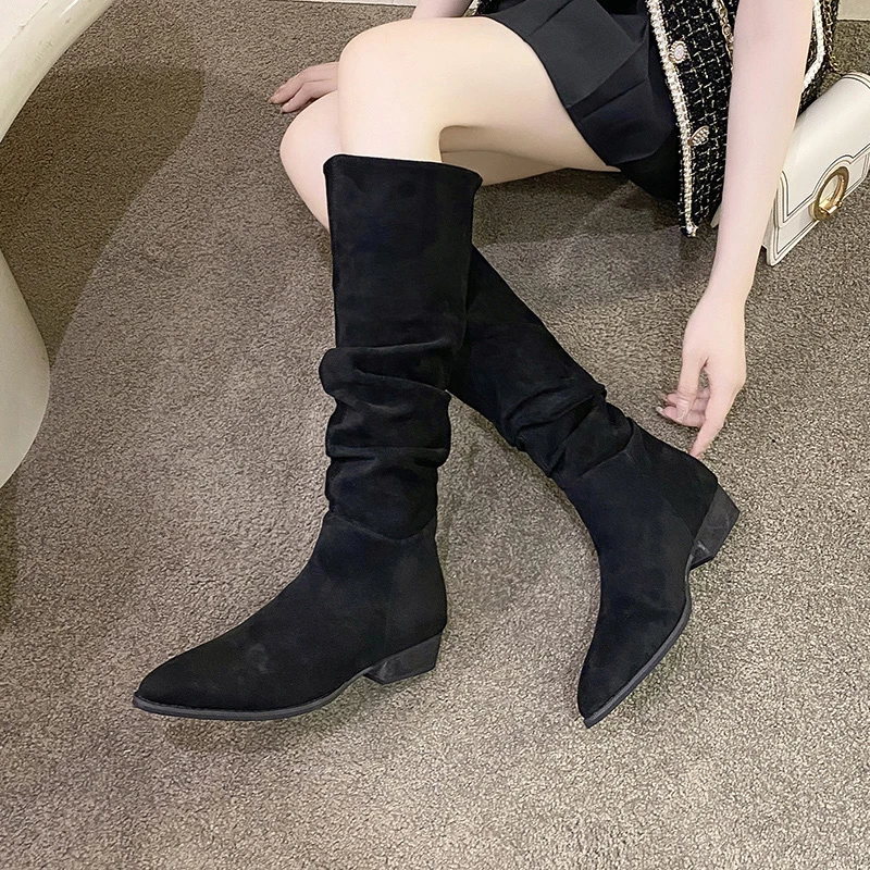 

Western Cowboy Boots For Women Pointed Toe Shoes Brand Suede Leather Ladies Shoes Knee High Chunky Heel Comfy Walking Boot Woman