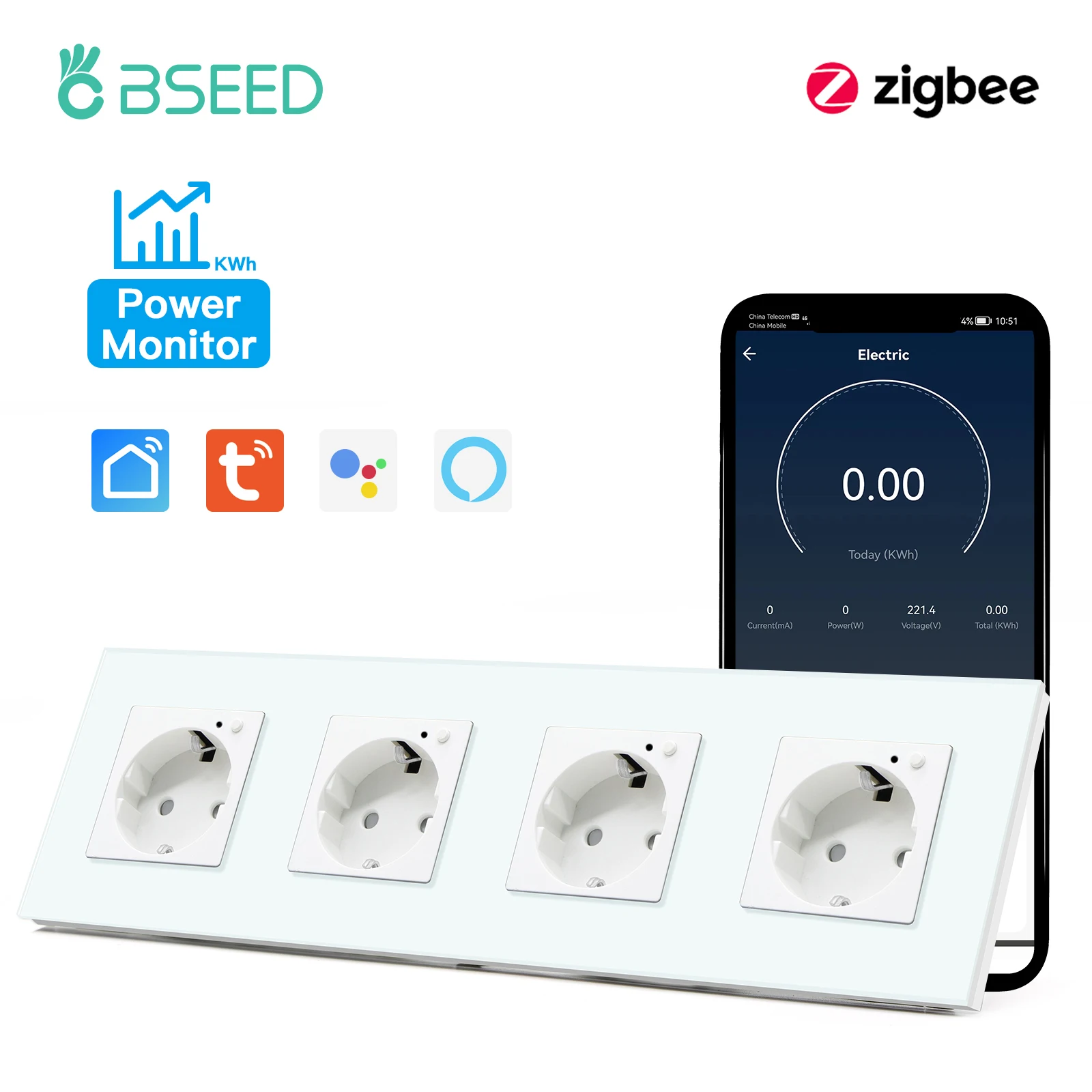 BSEED EU ZigBee Wand Steckdosen Vierbett Steckdosen 16A Power Monitor Steckdosen Glas Panel Unterstützung Tuya App Google Alexa Voice Control 10