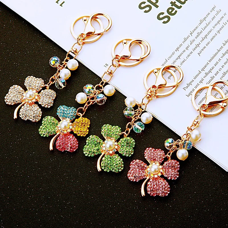 New Creative Diamond-encrusted Pearl Four-leaf Clover Car Keychain Metal Women's Bag Pendant Crystal String Key Chain Ring