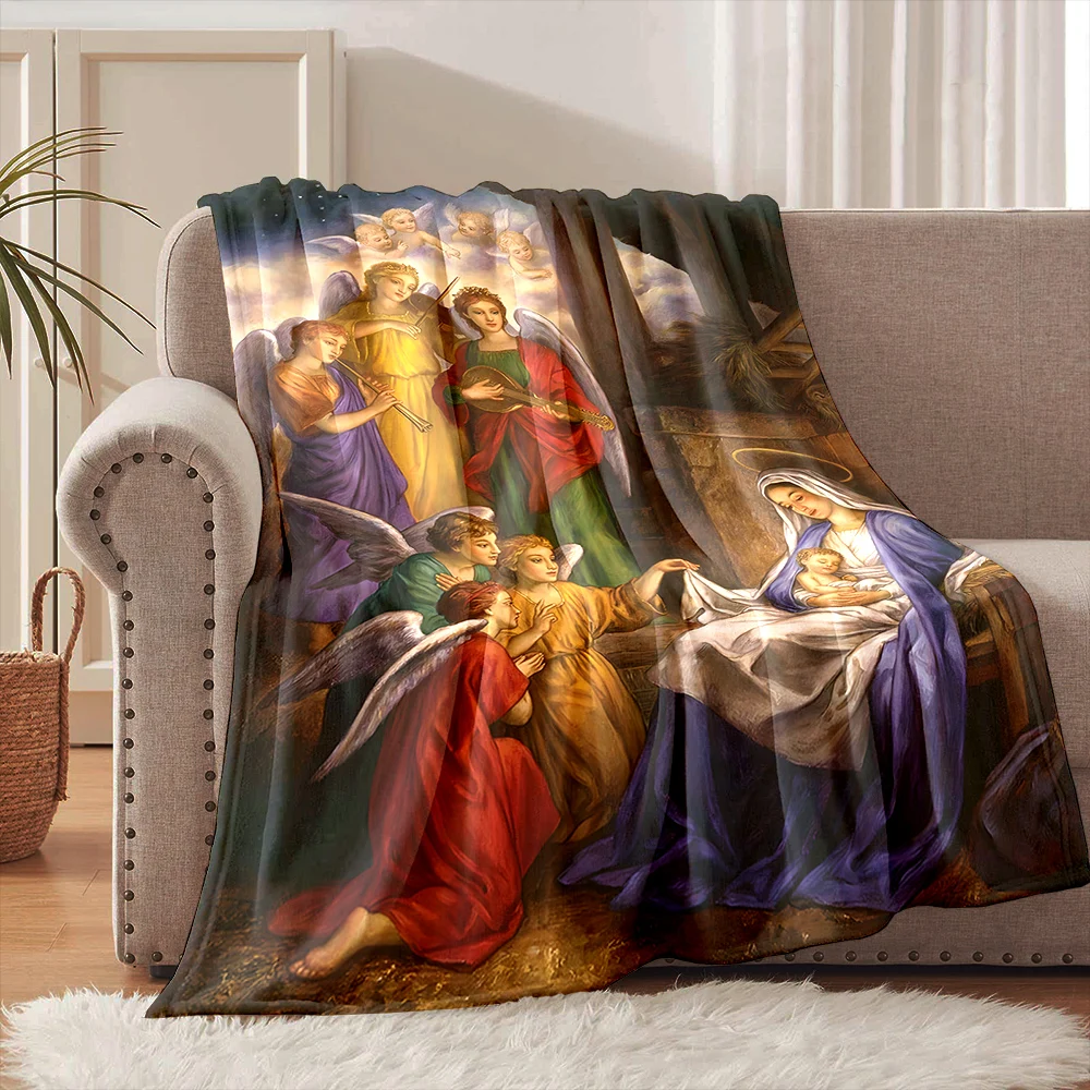 1PC Nativity scene with angels Faith-printed Flannel Blanket Soft and Warm Suitable for Home Travel Picnics Camping and RV Use