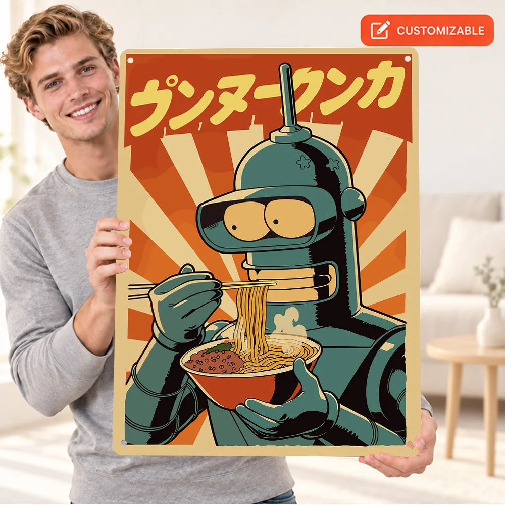 Bender Eating Ramen Textured Metal Poster Retro Bold Contemporary Illustration Cafe Wall Art Customized Aluminum Sign Fan Gift