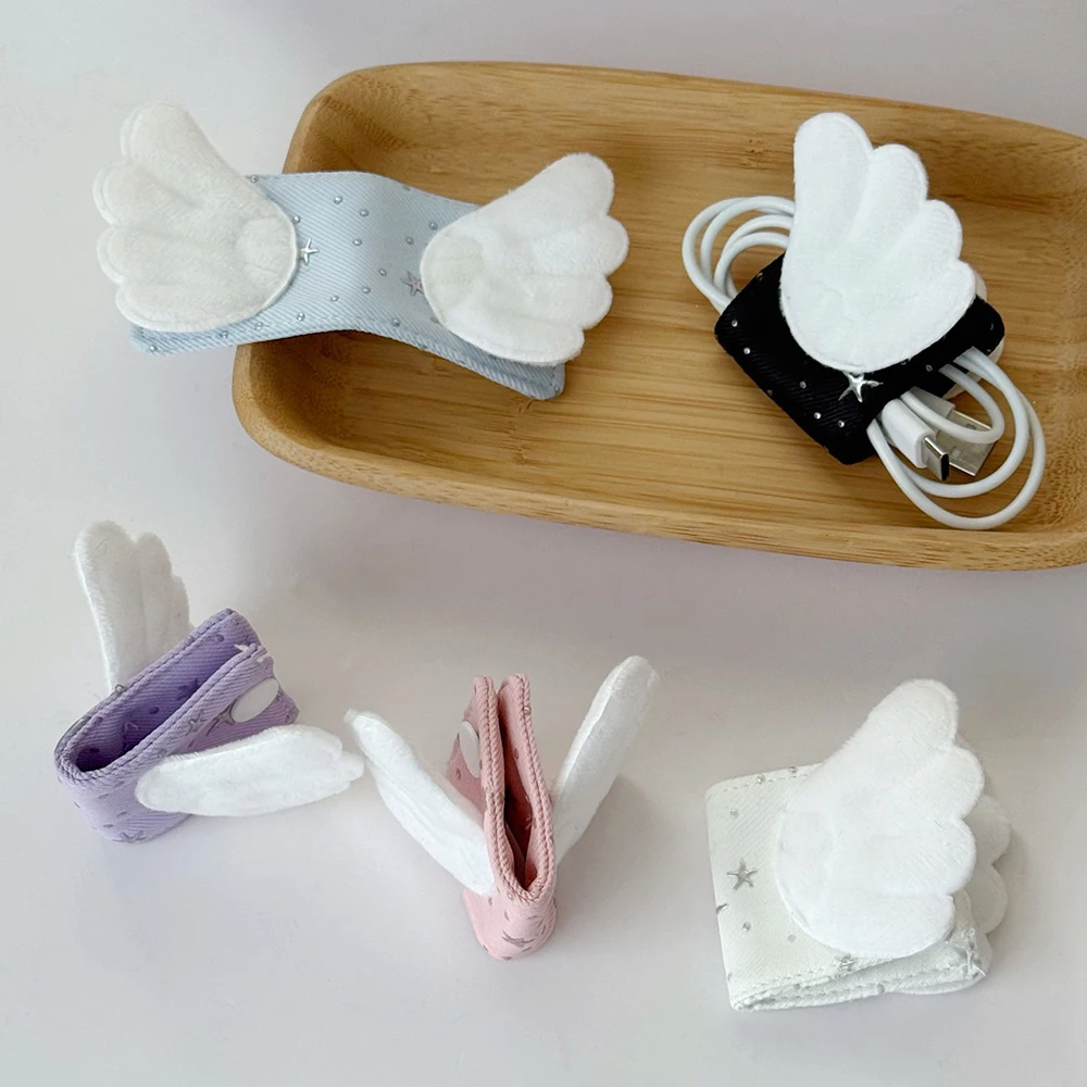 Cute Angel Wings Fabric Data Cable Storage Clip, Charging Cable Storage Bag Makeup Brush, Brush Storage