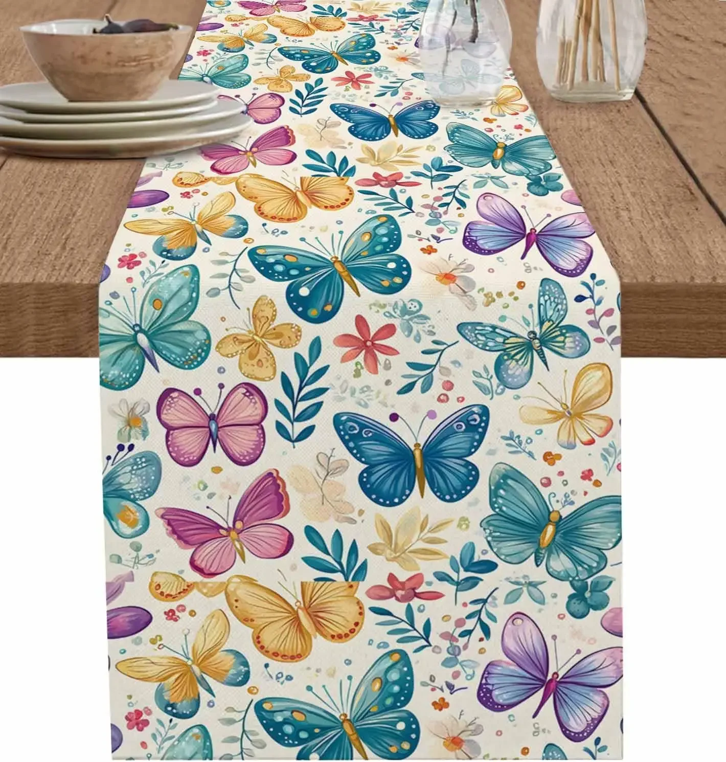 

Colorful Butterfly Linen Table Runner Party Decor Washable Watercolor Summer Kitchen Dining Table Runners Dresser Scarf Decor