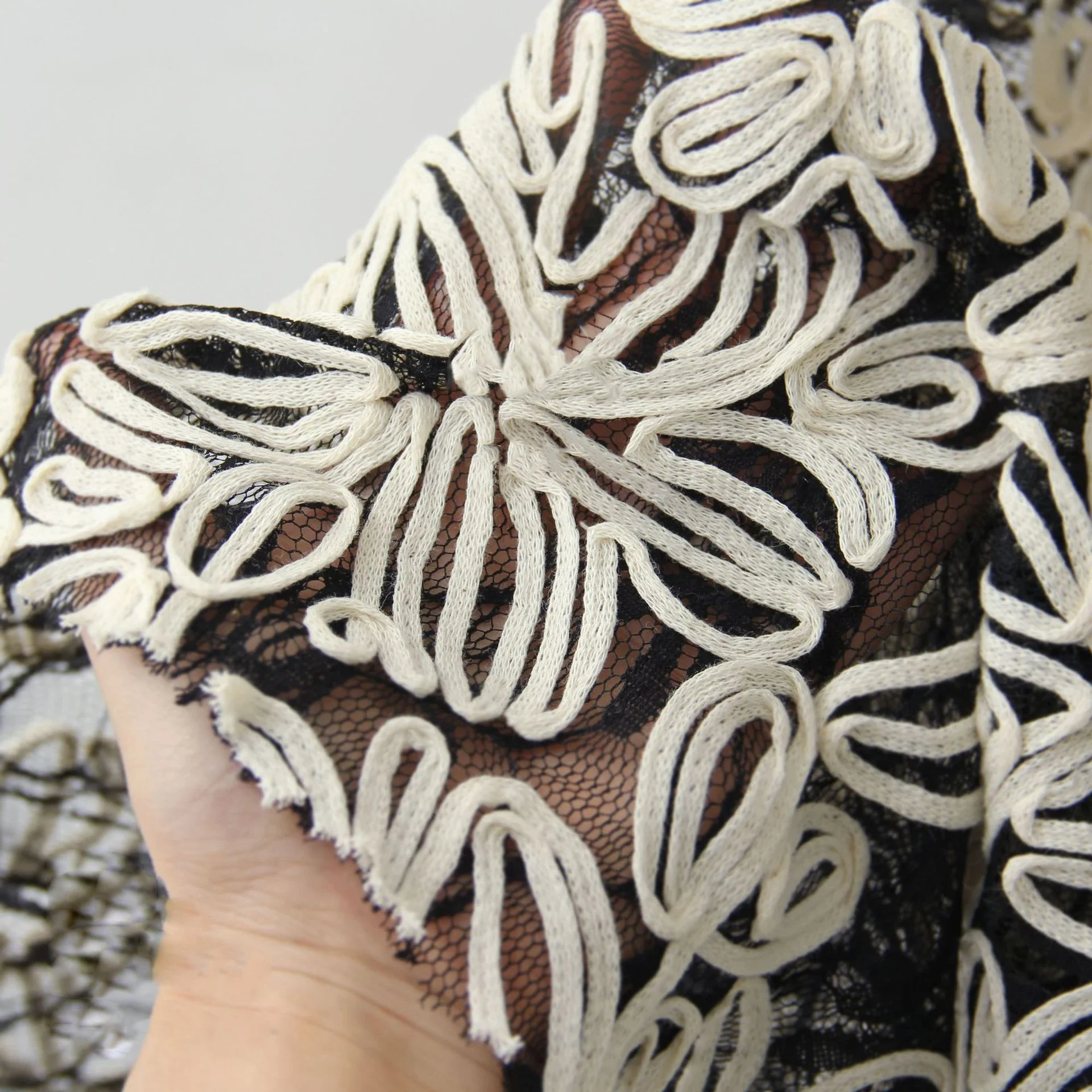 3D Flower Lace Embroidered Fabric Soft Mesh Fashion Designer Fabric