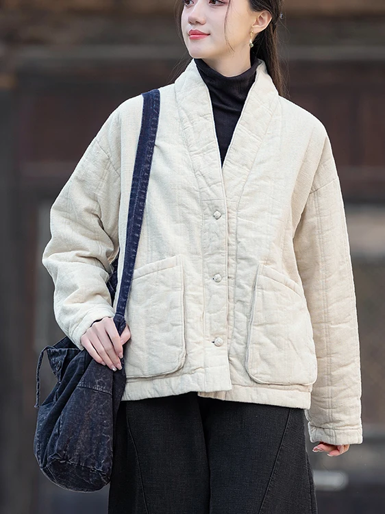 New Chinese Style ZenInspired Women's Thickened Cotton Jacket VNeck ButtonUp LooseFit AutumnWinter Warm Coat Casual Wear