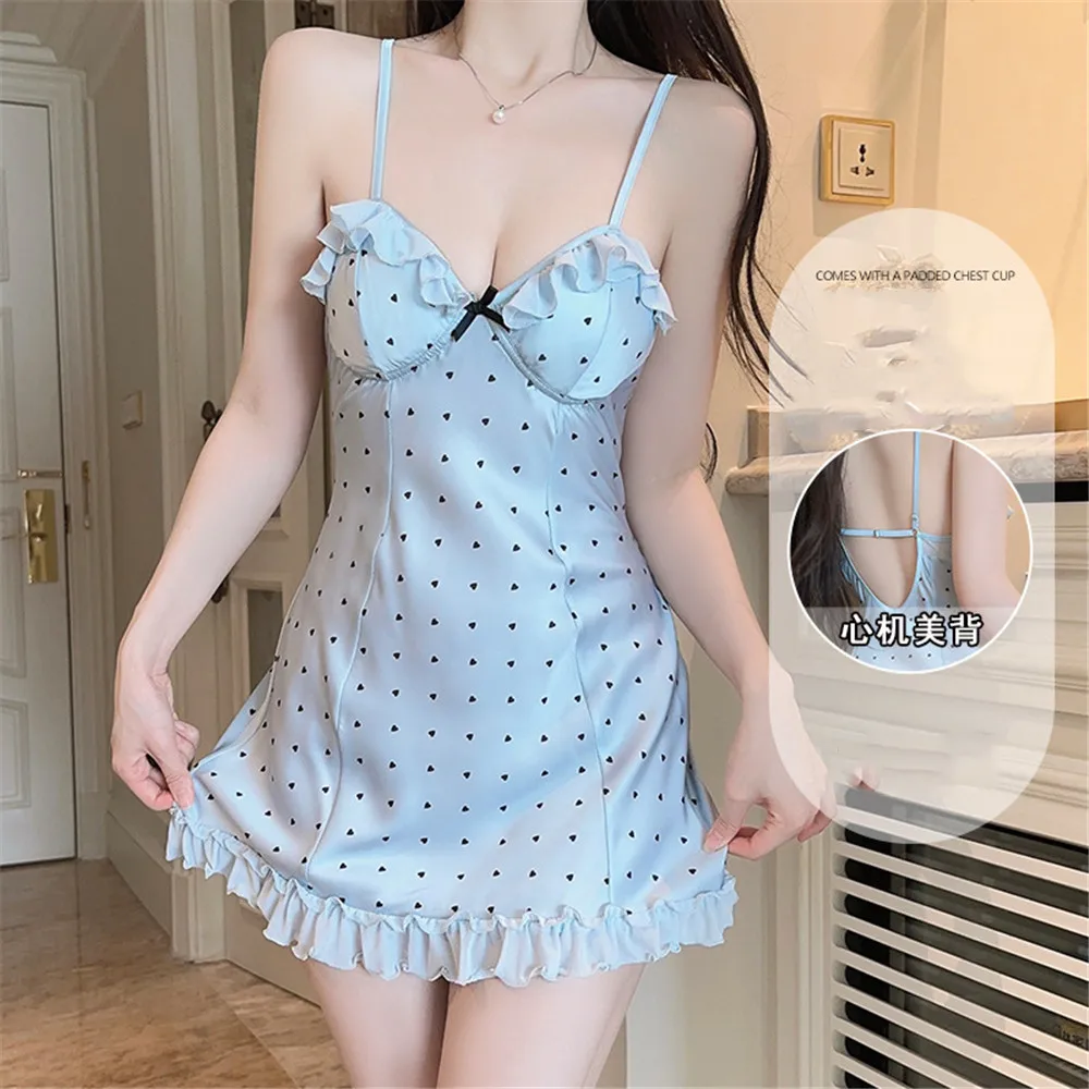 

Women's Backless Clothing Ruffles Nightdress Print Satin Home Wear Nightgowns Comfortable Loungewear