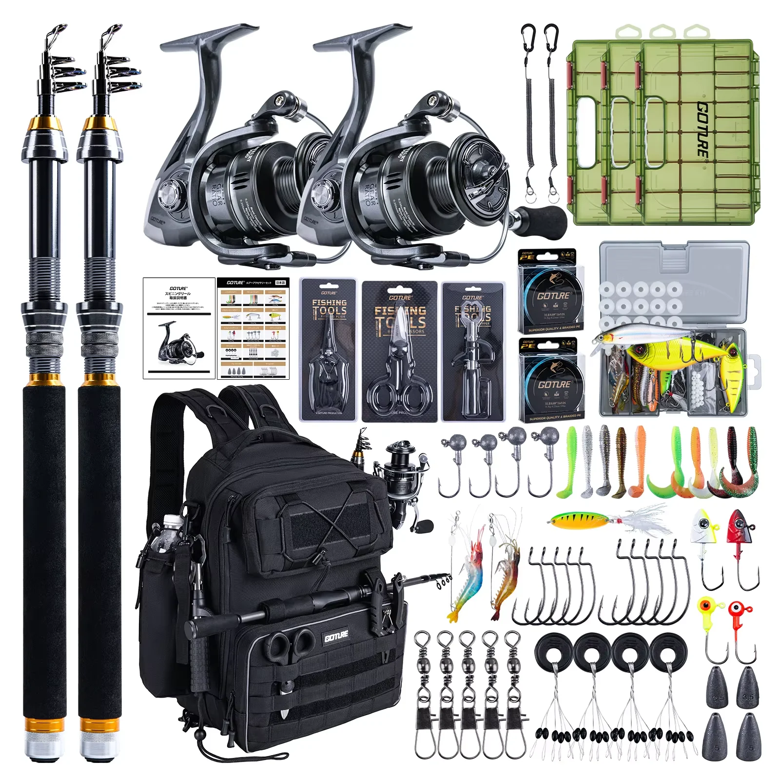 

Goture Outdoor Fishing Backpack with 3 Bait Box Fishing - Complete Set with Telescopic Fishing Rods, Reel, Bait Set, Tool