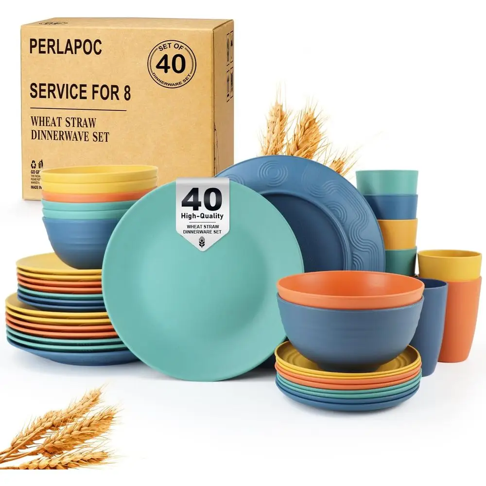

40 Piece Dinnerware Set - Service for 8 | Plates, Bowls, Glasses | Unbreakable, Dishwasher Safe - Multi