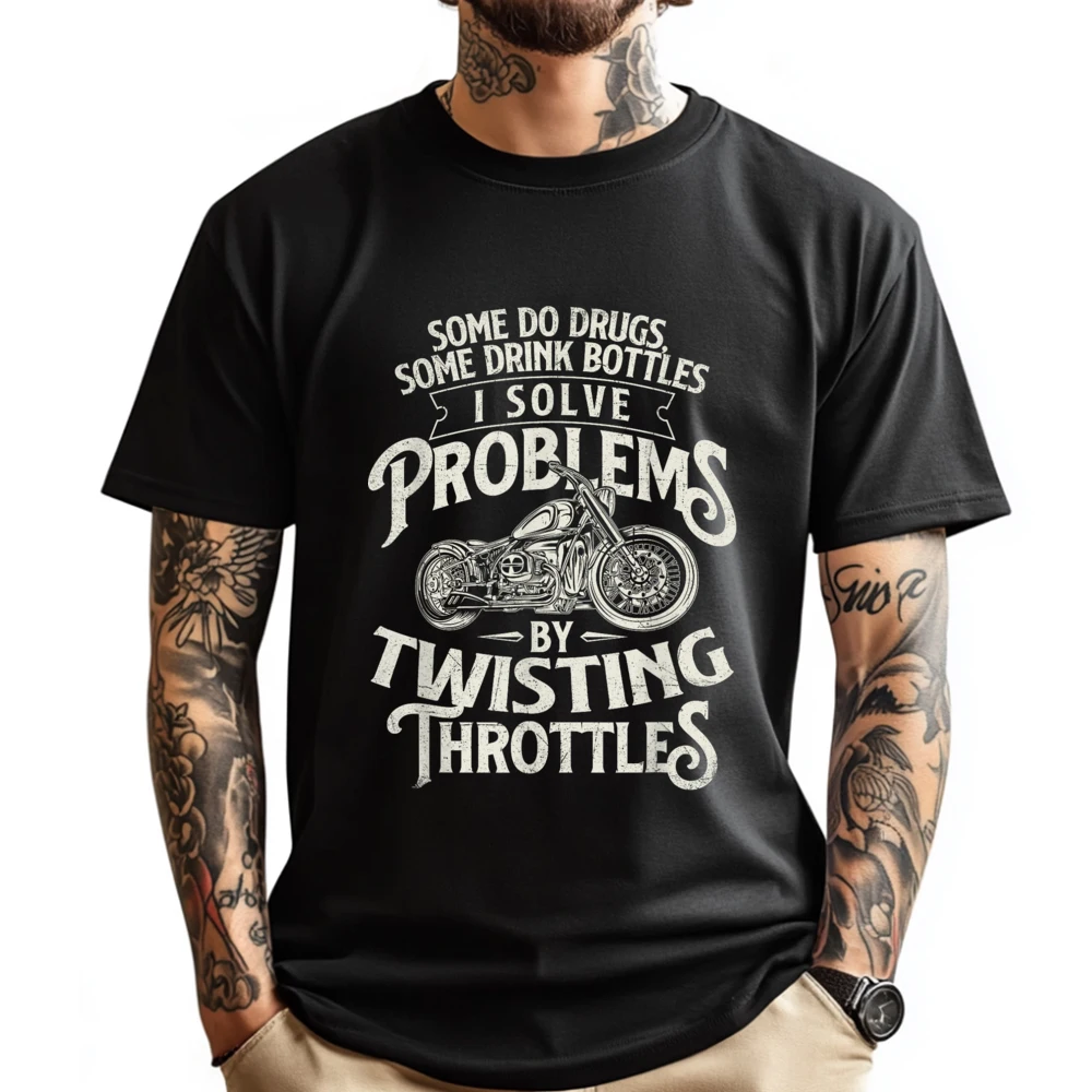 I Solve Problems By Twisting Throttles Biker Motorcycle Black Shirt Graphic Tees Vintage Memorial Day