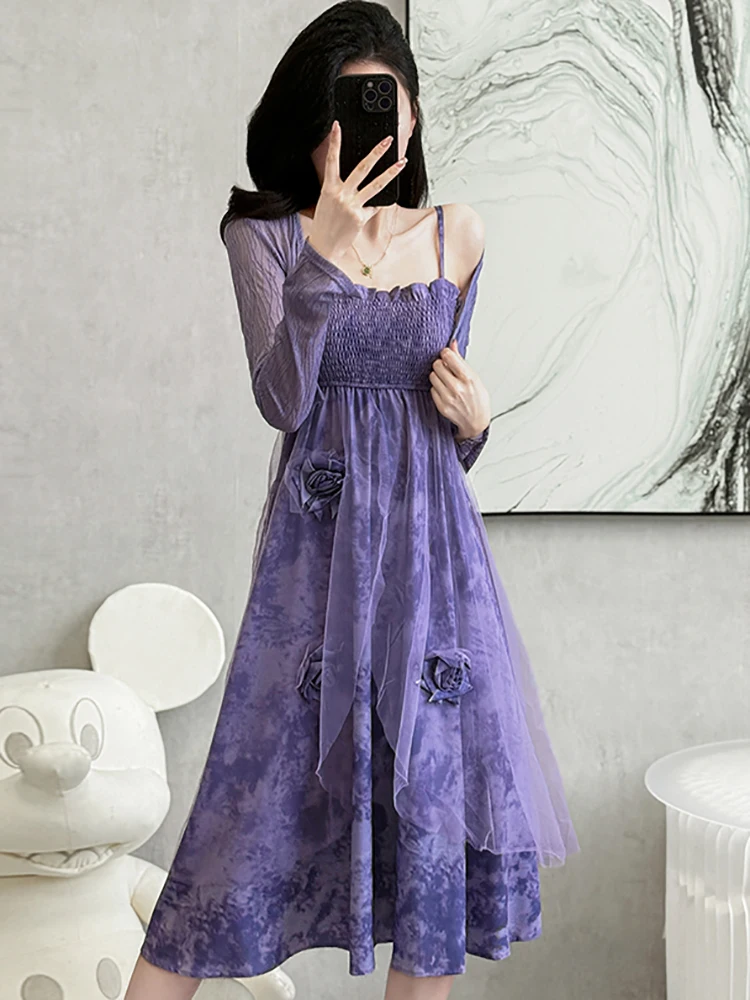 

Women Purpled Print Patchwork Mesh Sling Dress+Top Shirts Two Piece Sets 2025 Summer Korean Elegant Casual Holiday Dress Suits