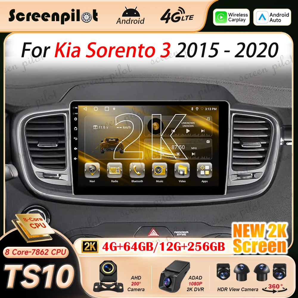 Android 16 Car Radio Stereo For Kia Sorento 3 2015 2016 2017 2018 2019 2020 2K QLED Multimidia Player GPS Carplay Android Auto
