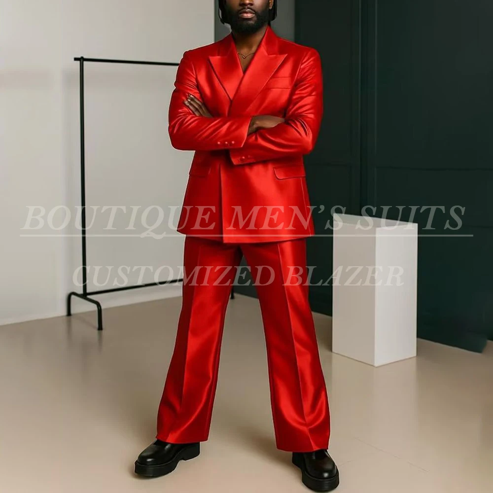 

Модные красные костюмы для мужчин, однотонный двубортный пиджак с пиковыми лацканами, высококачественный вечерний комплект из двух предметов, куртка и брюки