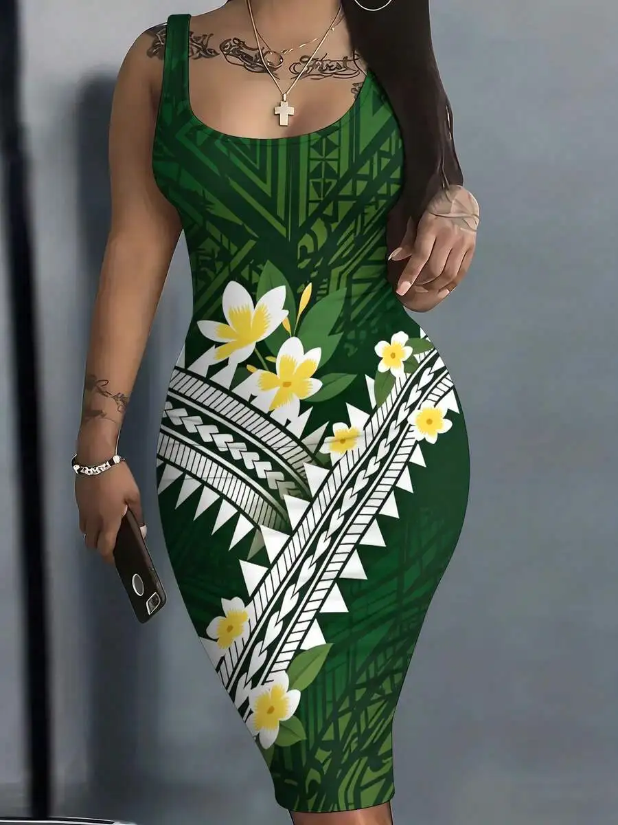 

Tropical Floral And Geometric Print Round Neck Sleeveless Bodycon Tank Dress For Women