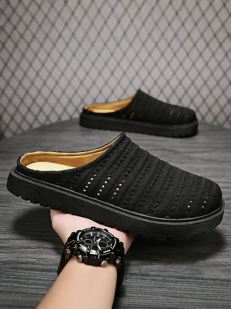 Men's Summer Casual Slip-On Shoes Head Cover Woven Lazy Work Commute  Semi-Slippers Breathable Flat Heel