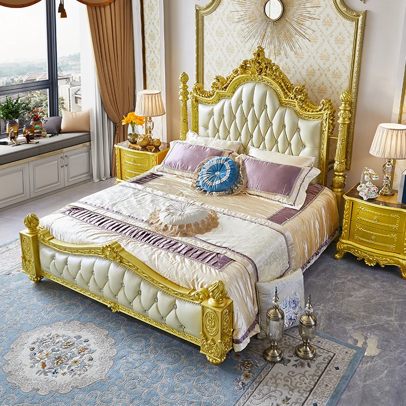 European style genuine leather bed, American style villa, luxurious solid wood carved storage, double column princess bed